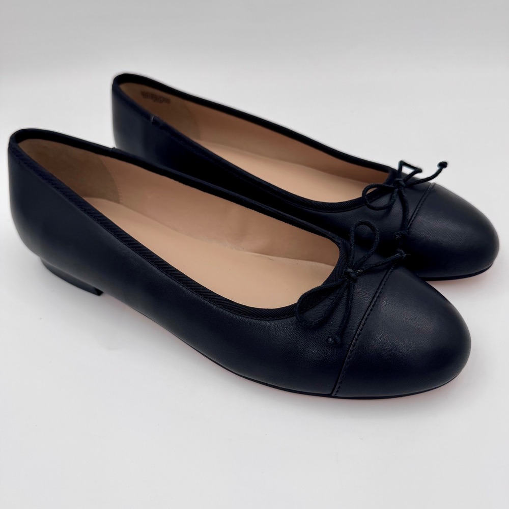 Ann Taylor Black Leather Ballet Flats Round Toe Bow Accent Shoes Womens 8.5M